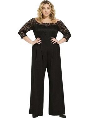 Torrid Black Lace Illusion Sweetheart Wide Leg Jumpsuit 3/4 Sleeve‎ Plus Size 6X